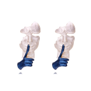 Artistic abstract face earrings with white pearlescent face and deep blue hand design