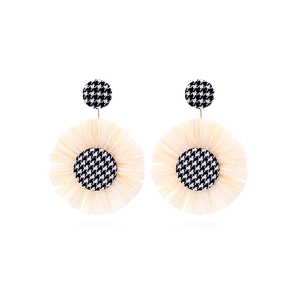 Bohemian Raffia Flower Earrings Large Round Woven Drop With Houndstooth Fabric Buttons Handmade Jewelry For Women