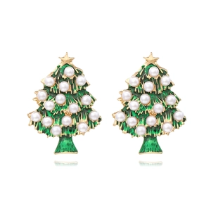 Boucles D Oreilles Pendantes Arbre De Noël Alliage Émail Vert Imitation Künstliche Perle Étoile Bijoux De Fête Pour Femmes