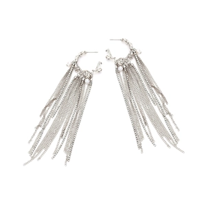 Long silver chain tassel earrings with vintage C-shape pearl accents and metallic fringe