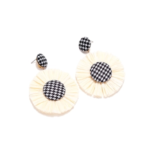 Handmade raffia flower earrings with houndstooth fabric buttons in ivory white color