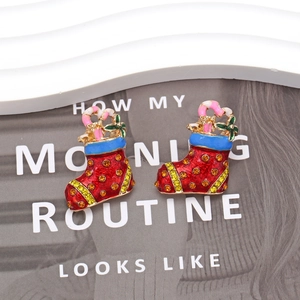 Sparkling Christmas stocking earrings with red glitter finish and rhinestone accents