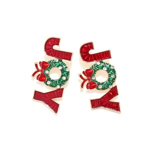 Weihnachtliche JOY-Ohrhänger mit Emaille-Kranz und Zuckerstangen-Motiv und edlen Kristallen