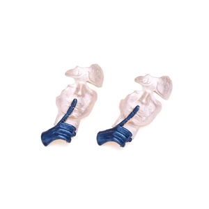 Abstract surrealist face earrings with silent gesture in pearl white and deep blue finish