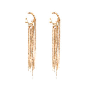 Elegant gold long fringe tassel earrings with C-shape pearl studs and layered chains