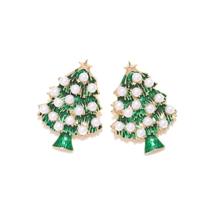 Boucles d'oreilles sapin de Noël en émail avec perles blanches et étoile dorée sur blanc