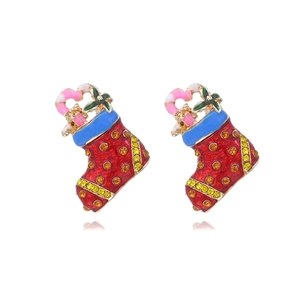 Christmas Sock Boot Drop Earrings Enamel Zinc Alloy Rhinestone Candy Cane Holiday Jewelry Women Novelty Gift