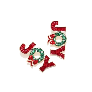Weihnachts-JOY-Ohrhänger mit festlicher Emaille in Rot-Grün und Kristall-Schleife
