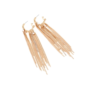 Macro detail of gold metal fringe earrings featuring multi-row rhinestones and faux pearls