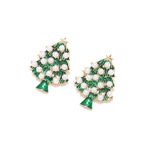 Boucles d'oreilles sapin de Noël en émail vert avec perles blanches et étoile dorée
