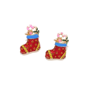 Christmas stocking earrings with red enamel, crystals, candy cane and holly leaf details