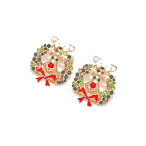 Boucles d'oreilles renne de Noël avec strass colorés et nœud rouge sur base en métal doré