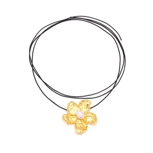 Pink wax cord necklace with gold metallic flower pendant and drop pearl centerpiece