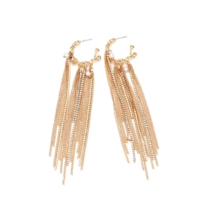 Detail of long gold chain tassel earrings with faux pearls and sparkling rhinestones