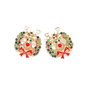 Boucles d'oreilles couronne de Noël avec renne, strass colorés et nœud rouge sur blanc