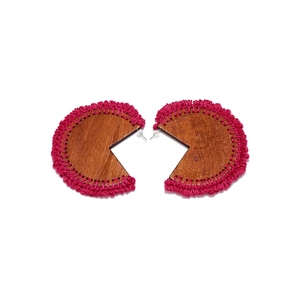 Handmade wooden semi-circle earrings with magenta woven fringe in bohemian style