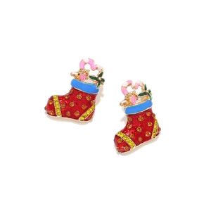 Christmas boot earrings with colorful enamel and sparkling rhinestones on white background