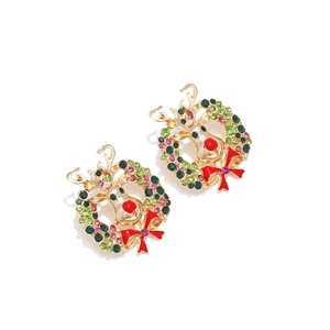 Boucles d'oreilles couronne de renne de Noël avec strass colorés et nœud rouge