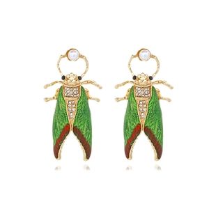 Cicada Insect Earrings Alloy Enamel Rhinestone Faux Artificial Pearl Vintage Fashion Jewelry For Women