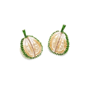 Boucles d'oreilles créatives en forme de durian avec coque verte et strass champagne