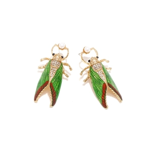Colorful enamel cicada earrings with sparkling rhinestones and white pearls on gold alloy
