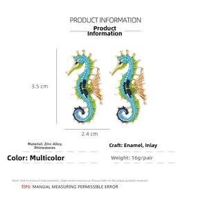 Detailed view of colorful enamel seahorse earrings with rhinestones and size dimensions
