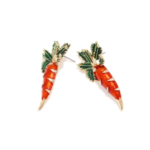 Cute carrot stud earrings with orange enamel and white rhinestones in alloy metal