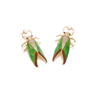 Colorful enamel cicada earrings with sparkling rhinestones and white pearls
