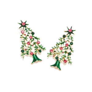 Orecchini ad albero di Natale con smalto verde e strass rosa su base in lega dorata