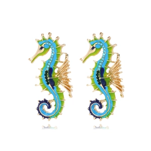 Seahorse Dangle Drop Earrings Colorful Enamel Zinc Alloy Rhinestone Ocean Animal Style For Women