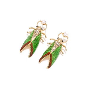 Colorful enamel cicada drop earrings with sparkling rhinestones and white pearl accents