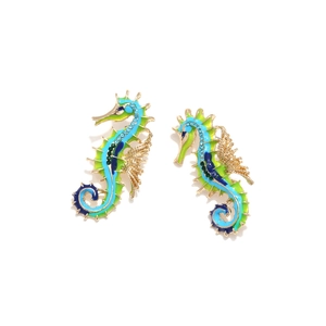Creative colorful enamel seahorse earrings with sparkling crystals and gold finish