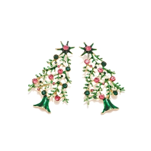 Orecchini ad albero di Natale in smalto verde e cristalli rosa su base dorata