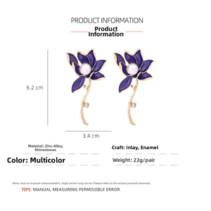 Detailed view of blue lotus earrings with faux pearl and rhinestone in 6.2cm size