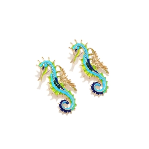Colorful enamel seahorse earrings with sparkling blue rhinestones in gold finish