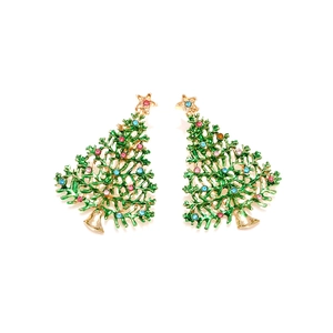 Boucles d'oreilles sapin de Noël en émail vert plaqué or avec strass colorés