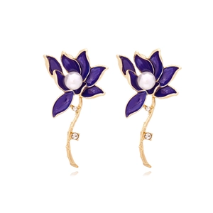 Vintage Chinese Style Lotus Flower Dangle Earrings Alloy Enamel Blue With Imitation Artificial Pearl And Rhinestones For Women