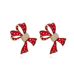 Boucles d'Oreilles Nœud Alliage Émail Rouge Blanc À Pois Strass Doux Rétro Délicat Mode Bijoux Femmes