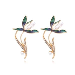 Orchid Flower Drop Earrings Alloy Enamel Faux Artificial Pearl Rhinestone Vintage Chinese Style Elegant Jewelry For Women