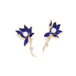 Elegant gold lotus earrings with blue enamel petals, imitation pearls and rhinestones