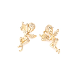 Orecchini a perno con angelo cupido dorato e arpa in stile vintage per donna
