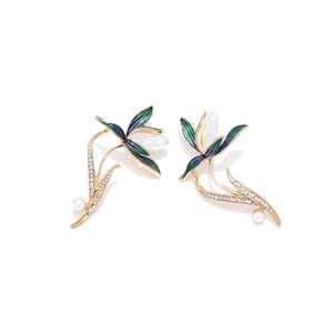 Elegant Chinese style orchid earrings with enamel petals, pearls and crystals