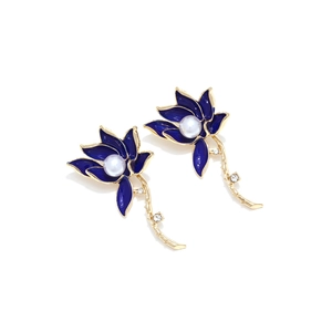 Elegant blue lotus flower earrings with faux pearls and rhinestones in gold plating