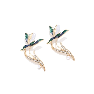 Elegant orchid earrings with blue gradient enamel leaves, rhinestones and white pearls