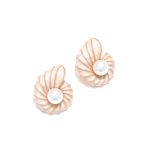 Elegant gold-tone shell earrings with faux pearls and pink enamel in a beach style