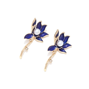 Elegant blue enamel lotus earrings with white pearls and gold branch design