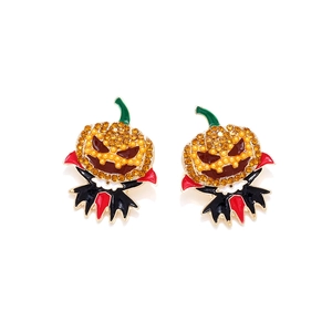 Creative Halloween vampire pumpkin earrings with orange rhinestones and colorful enamel