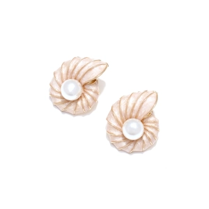 Detail of pink enamel conch earrings with gold trim and inlaid white pearls