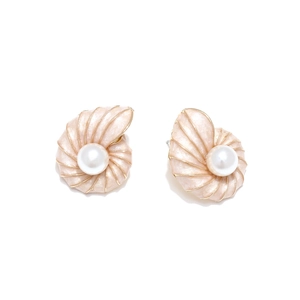 Elegant beach style conch earrings with pink enamel finish and a center pearl inlay