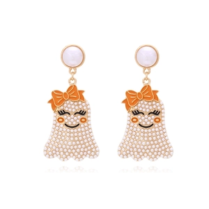 Boucles D'Oreilles Fantôme D'Halloween Avec Imitations De Künstliche Perles Et Nœud Orange Bijoux De Fête Mignons Pour Femmes